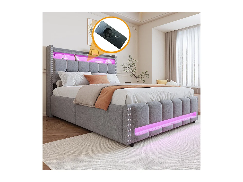 Lit coffre lit rembourré 140x200 avec éclairage LED et prise USB tête de lit avec système hydraulique lit double pour adulte lin gris clair