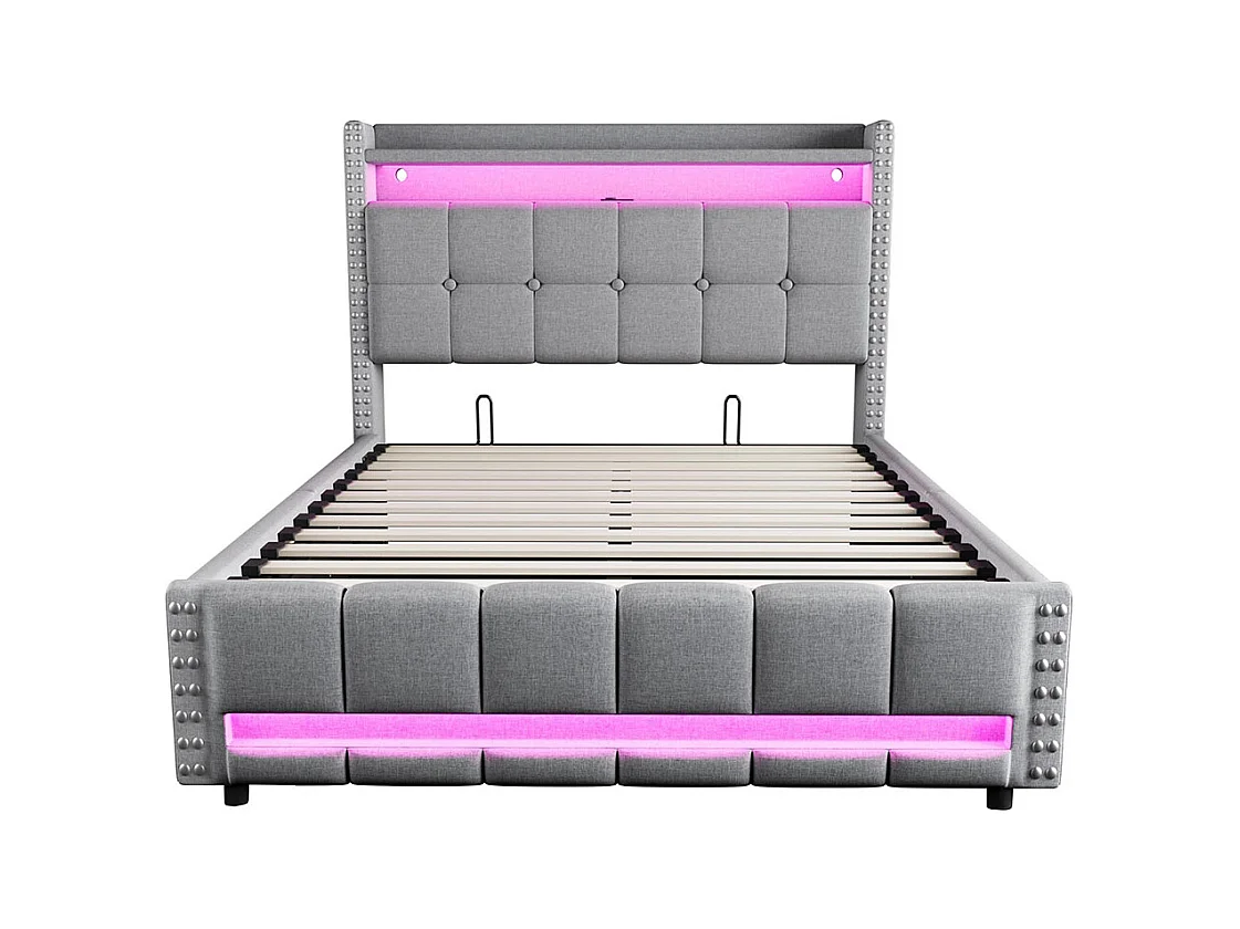 Lit coffre lit rembourré 140x200 avec éclairage LED et prise USB tête de lit avec système hydraulique lit double pour adulte lin gris clair