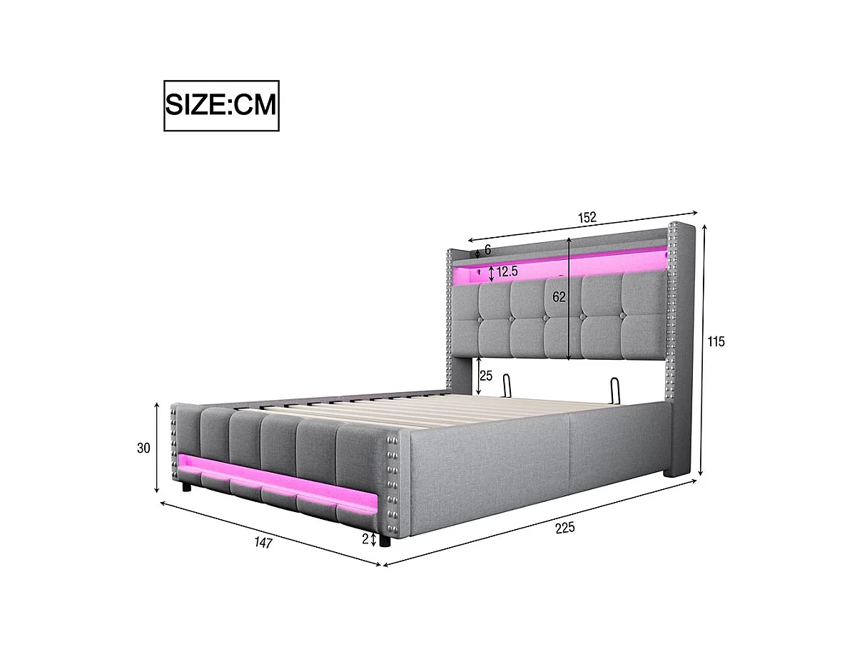 Lit coffre lit rembourré 140x200 avec éclairage LED et prise USB tête de lit avec système hydraulique lit double pour adulte lin gris clair