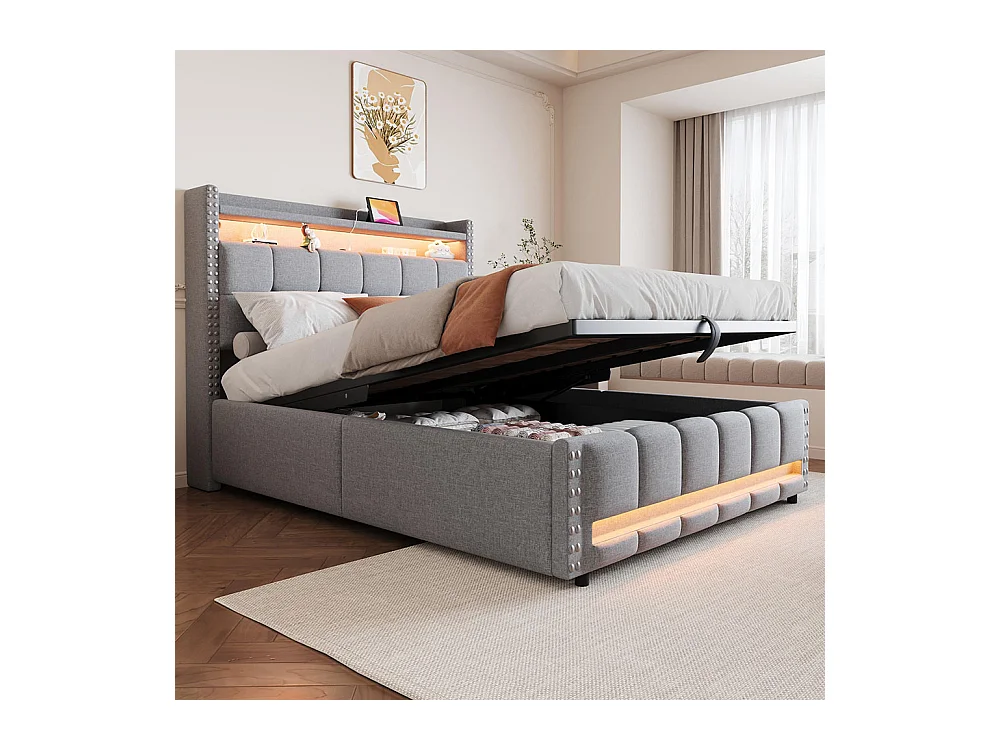 Lit coffre lit rembourré 140x200 avec éclairage LED et prise USB tête de lit avec système hydraulique lit double pour adulte lin gris clair