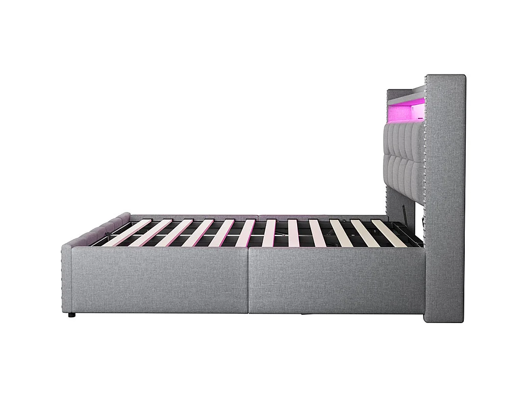 Lit coffre lit rembourré 140x200 avec éclairage LED et prise USB tête de lit avec système hydraulique lit double pour adulte lin gris clair