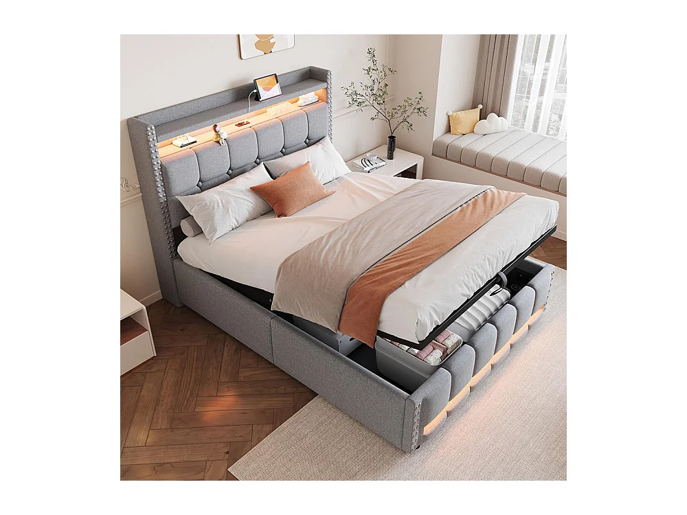 Lit coffre lit rembourré 140x200 avec éclairage LED et prise USB tête de lit avec système hydraulique lit double pour adulte lin gris clair