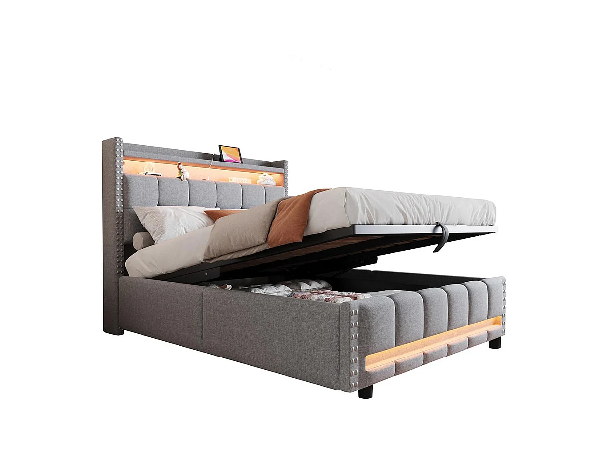 Lit coffre lit rembourré 140x200 avec éclairage LED et prise USB tête de lit avec système hydraulique lit double pour adulte lin gris clair