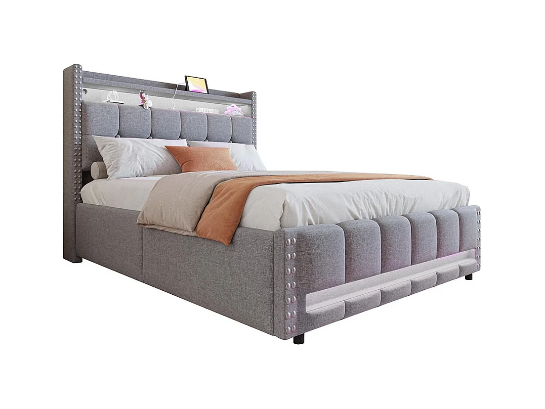 Lit coffre lit rembourré 140x200 avec éclairage LED et prise USB tête de lit avec système hydraulique lit double pour adulte lin gris clair
