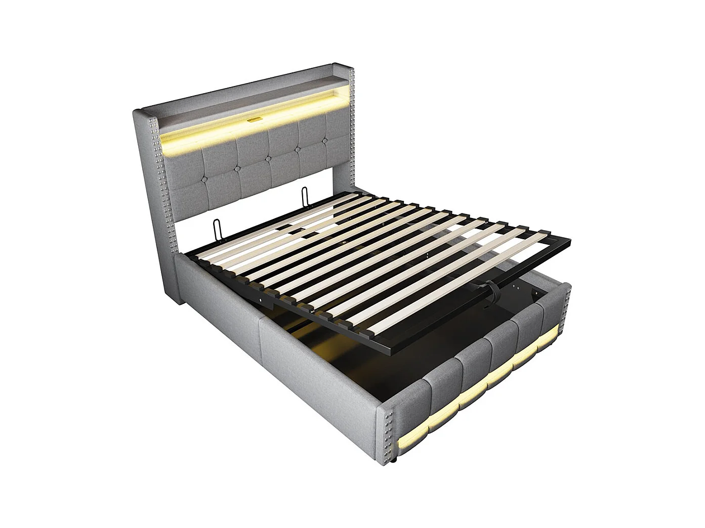 Lit coffre lit rembourré 140x200 avec éclairage LED et prise USB tête de lit avec système hydraulique lit double pour adulte lin gris clair