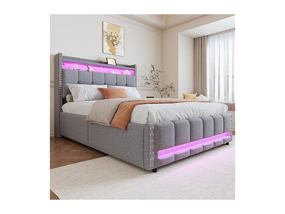 Lit coffre lit rembourré 140x200 avec éclairage LED et prise USB tête de lit avec système hydraulique lit double pour adulte lin gris clair