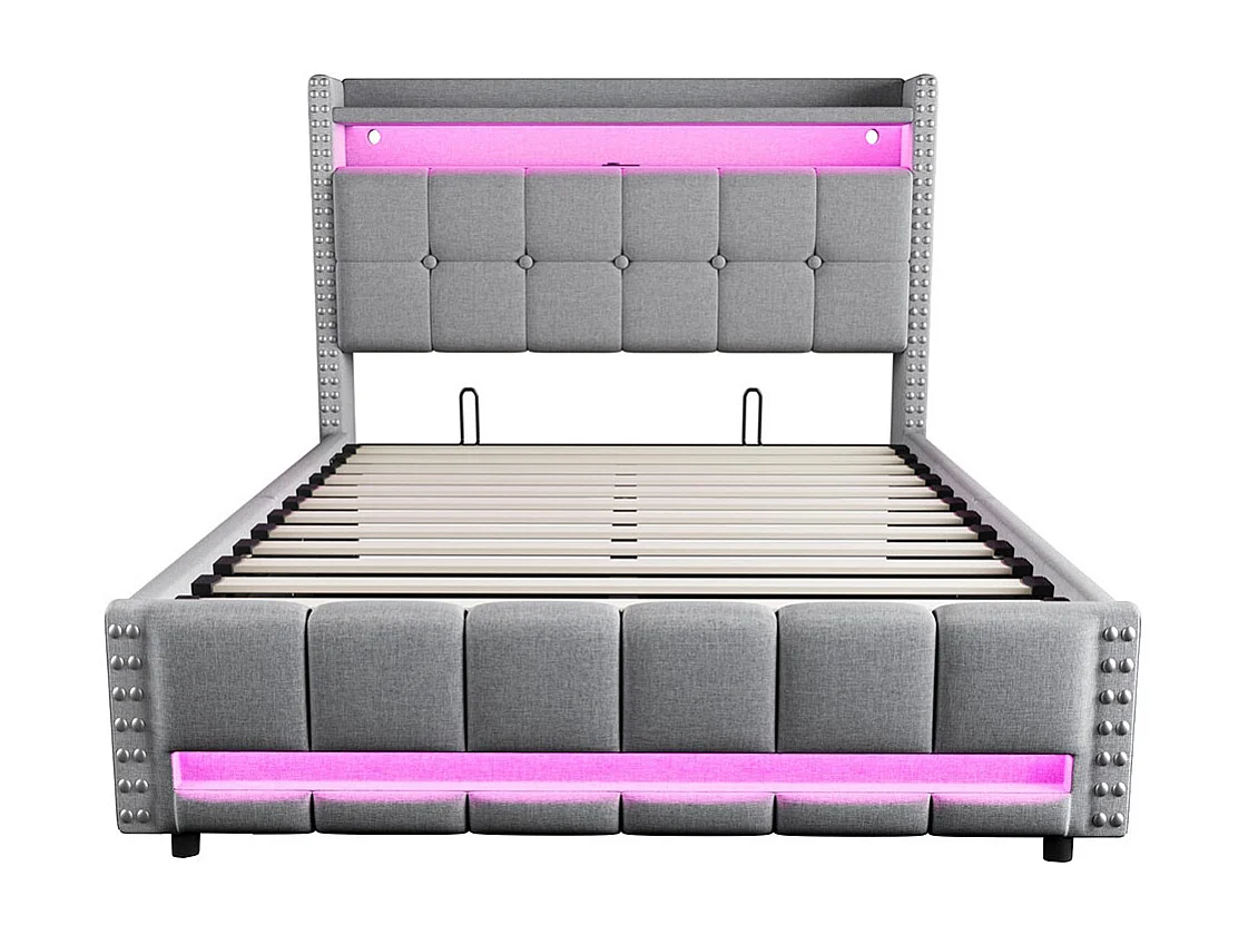 Lit coffre lit rembourré 140x200 avec éclairage LED et prise USB tête de lit avec système hydraulique lit double pour adulte lin gris clair