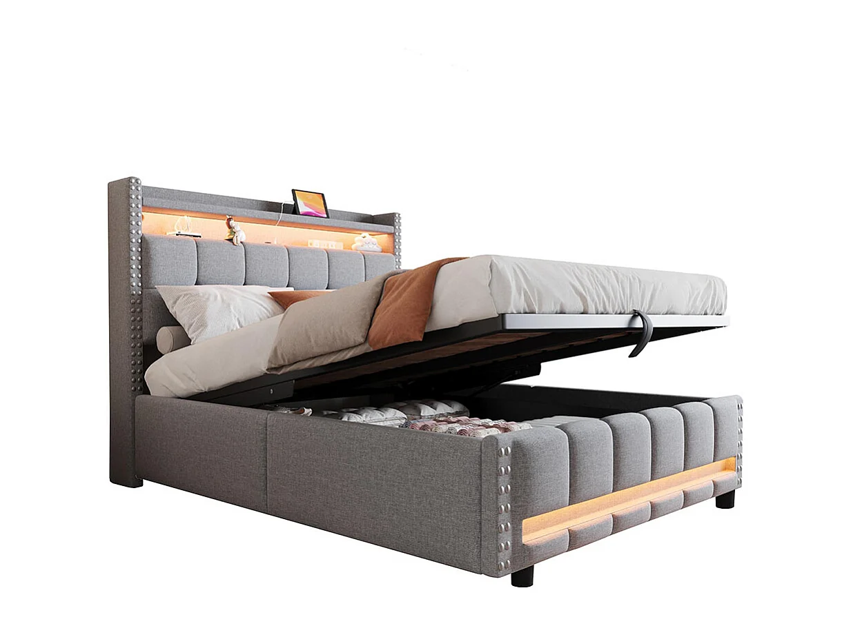 Lit coffre lit rembourré 140x200 avec éclairage LED et prise USB tête de lit avec système hydraulique lit double pour adulte lin gris clair