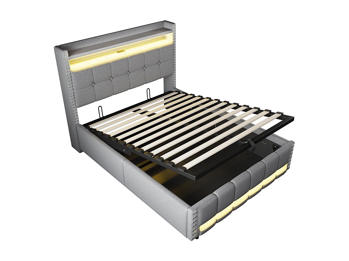 Lit coffre lit rembourré 140x200 avec éclairage LED et prise USB tête de lit avec système hydraulique lit double pour adulte lin gris clair