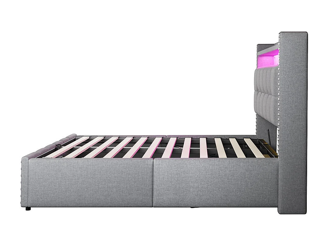 Lit coffre lit rembourré 160x200 avec éclairage LED et prise USB tête de lit avec système hydraulique lit double pour adulte lin gris clair