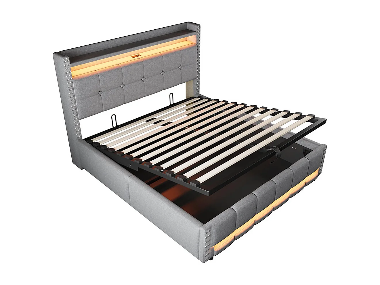 Lit coffre lit rembourré 160x200 avec éclairage LED et prise USB tête de lit avec système hydraulique lit double pour adulte lin gris clair