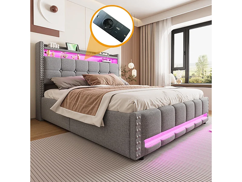 Lit coffre lit rembourré 160x200 avec éclairage LED et prise USB tête de lit avec système hydraulique lit double pour adulte lin gris clair