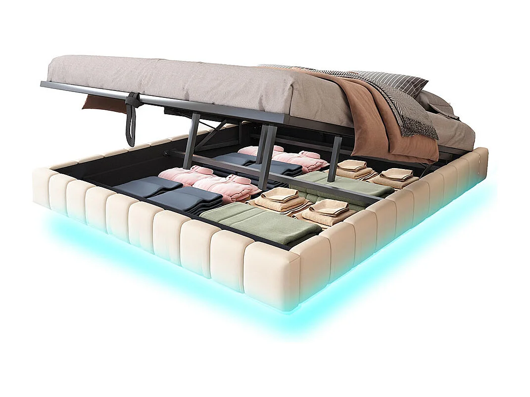 Lit coffre lit rembourré 180x200 sommier à lattes hydraulique sans tête de lit avec éclairage LED lin beige