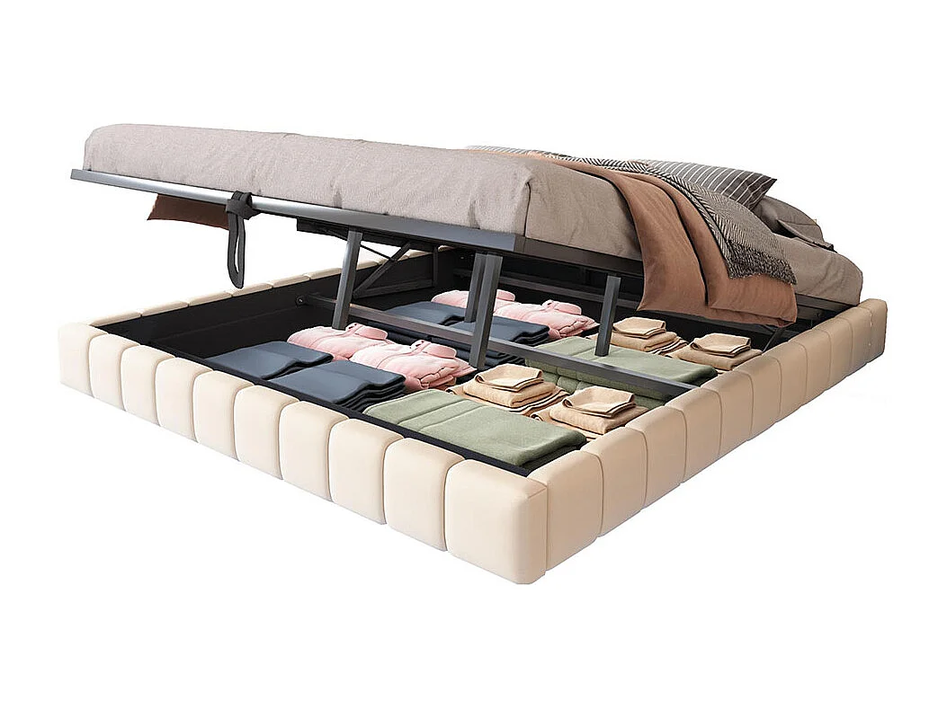 Lit coffre lit rembourré 180x200 sommier à lattes hydraulique sans tête de lit avec éclairage LED lin beige