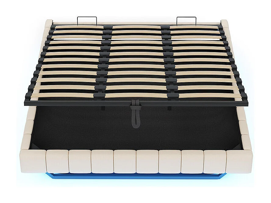 Lit coffre lit rembourré 180x200 sommier à lattes hydraulique sans tête de lit avec éclairage LED lin beige