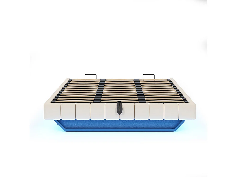 Lit coffre lit rembourré 180x200 sommier à lattes hydraulique sans tête de lit avec éclairage LED lin beige