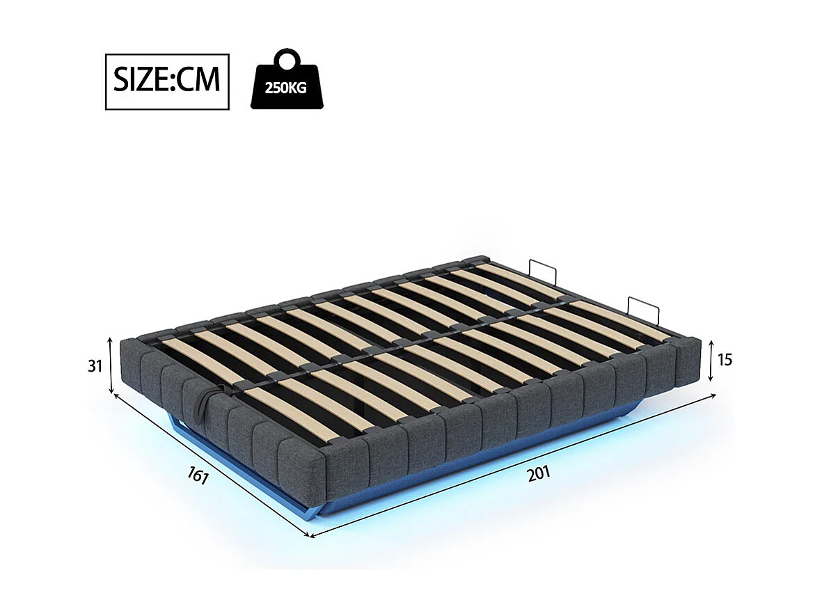 Lit coffre lit rembourré 160x200 sommier à lattes hydraulique sans tête de lit avec éclairage LED lin gris