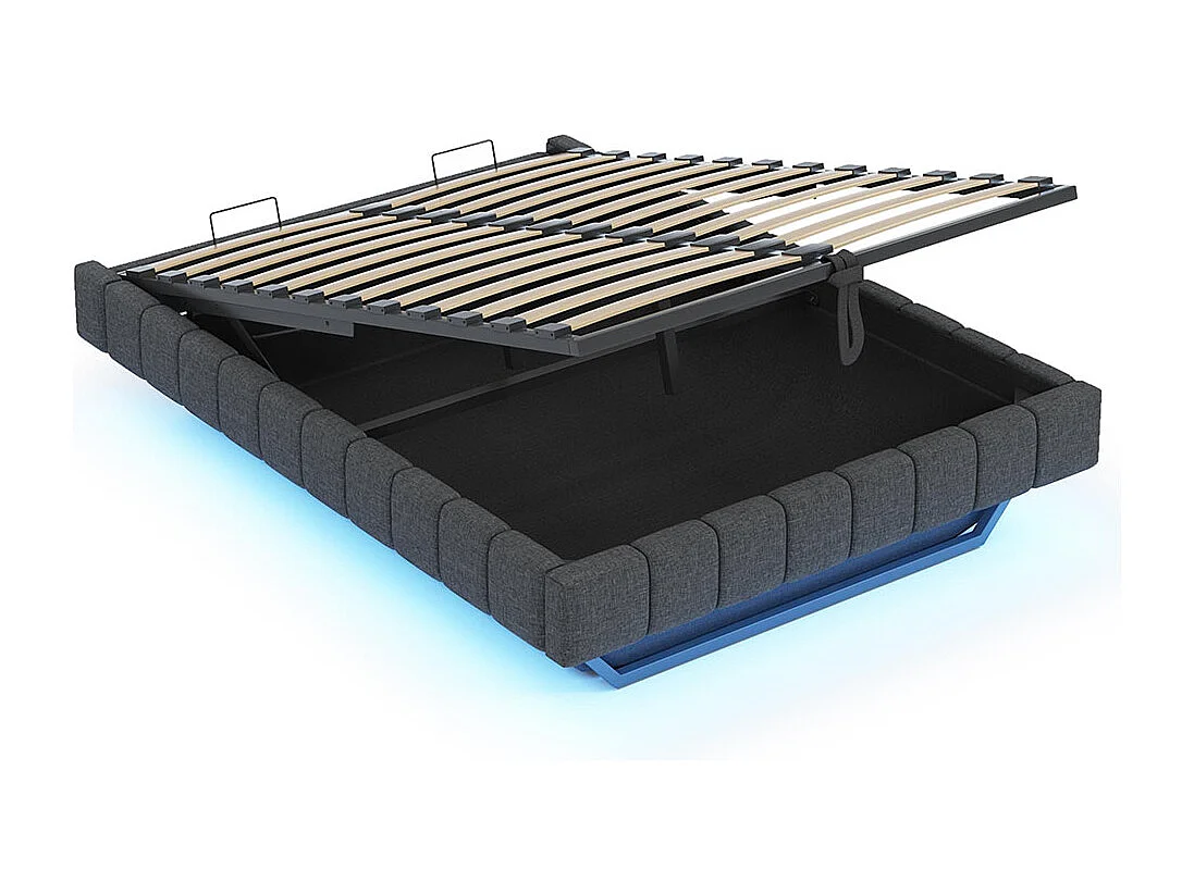 Lit coffre lit rembourré 160x200 sommier à lattes hydraulique sans tête de lit avec éclairage LED lin gris