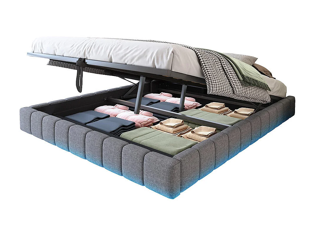 Lit coffre lit rembourré 160x200 sommier à lattes hydraulique sans tête de lit avec éclairage LED lin gris