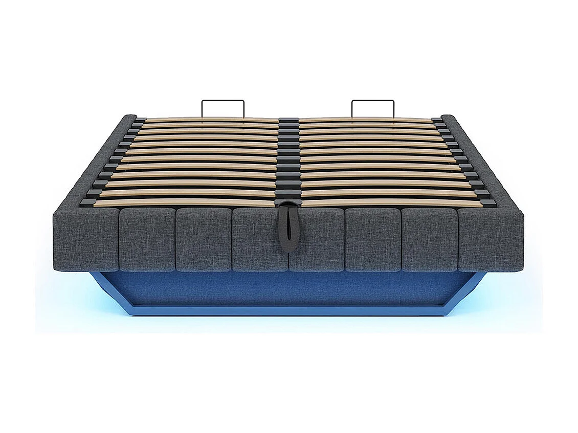 Lit coffre lit rembourré 160x200 sommier à lattes hydraulique sans tête de lit avec éclairage LED lin gris