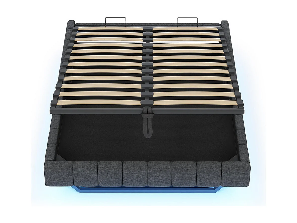 Lit coffre lit rembourré 160x200 sommier à lattes hydraulique sans tête de lit avec éclairage LED lin gris