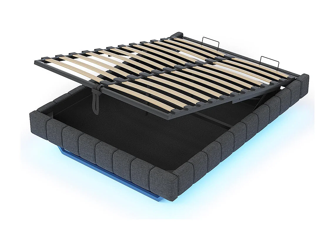 Lit coffre lit rembourré 160x200 sommier à lattes hydraulique sans tête de lit avec éclairage LED lin gris