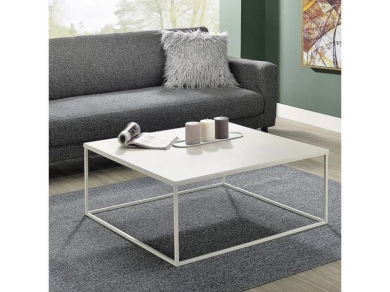 Table basse HILAR grande table de salon couleur beige design retro vintage industriel, plateau carré de 80 x 80 cm