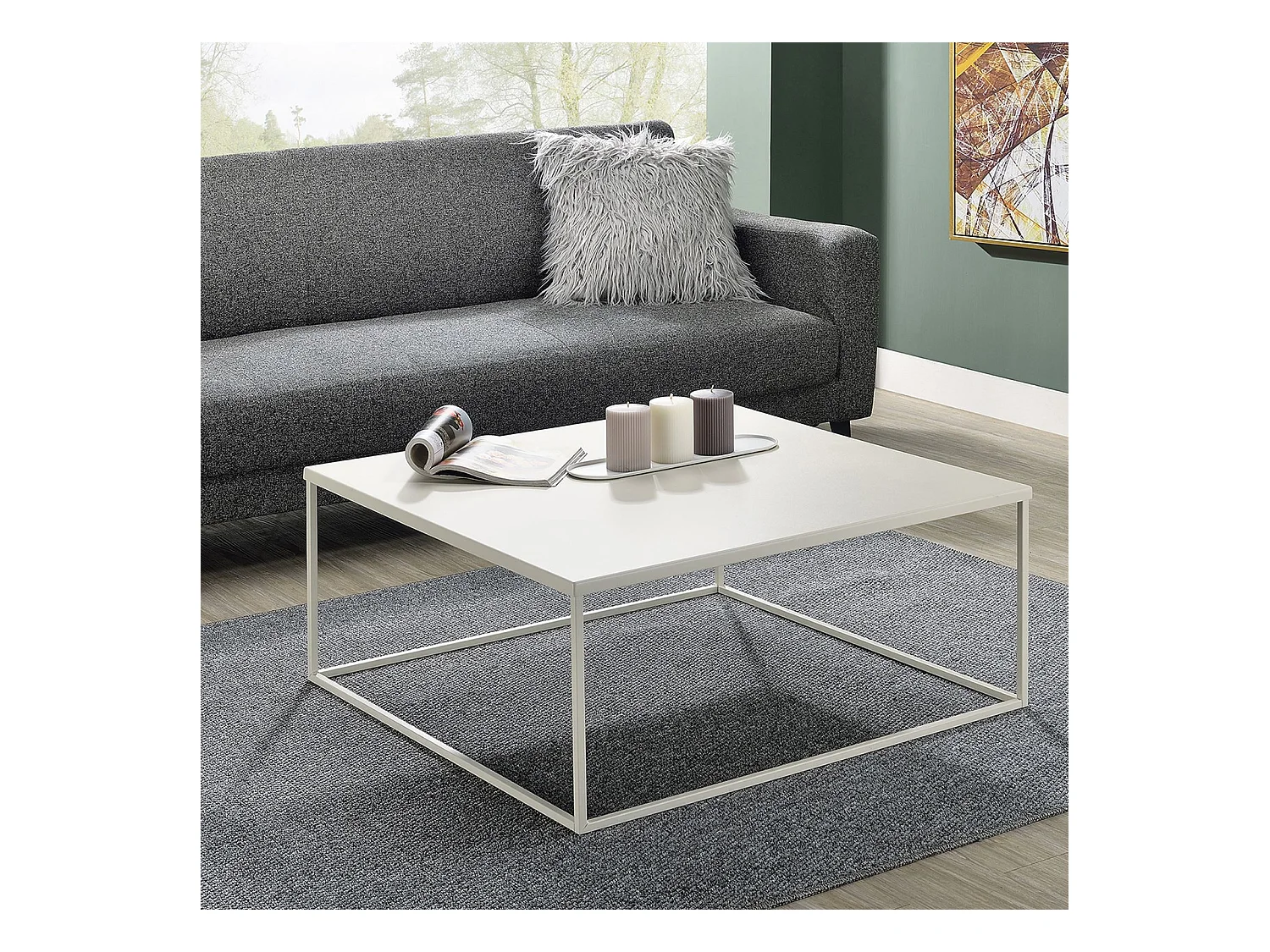 Table basse HILAR grande table de salon couleur beige design retro vintage industriel, plateau carré de 80 x 80 cm
