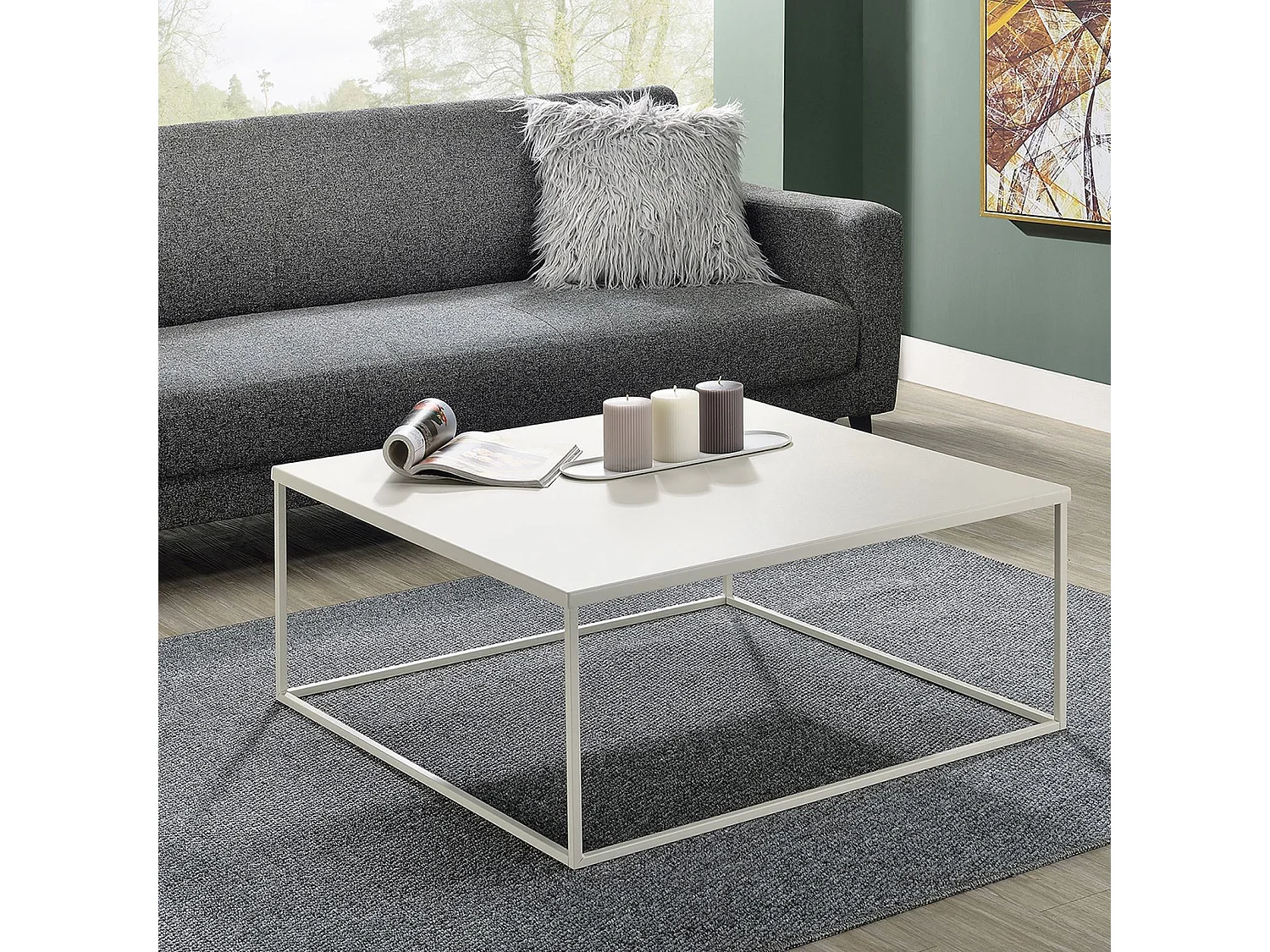 Table basse HILAR grande table de salon couleur beige design retro vintage industriel, plateau carré de 80 x 80 cm