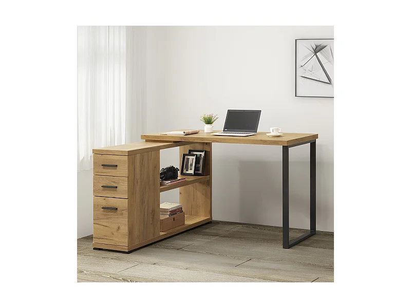 Bureau d'angle 2 tiroirs 1 porte 1 étagère Elton pied métal