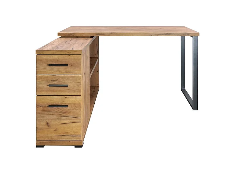 Bureau d'angle 2 tiroirs 1 porte 1 étagère Elton pied métal