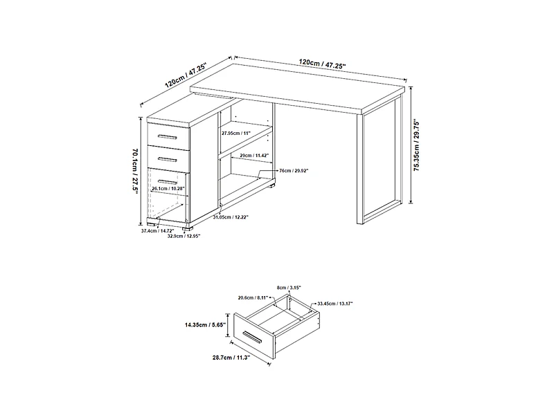 Bureau d'angle 2 tiroirs 1 porte 1 étagère Elton pied métal
