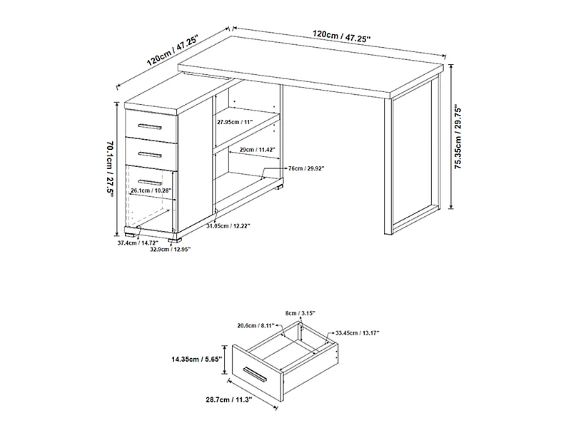 Bureau d'angle 2 tiroirs 1 porte 1 étagère Elton pied métal