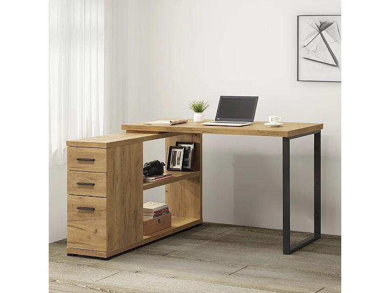 Bureau d'angle 2 tiroirs 1 porte 1 étagère Elton pied métal