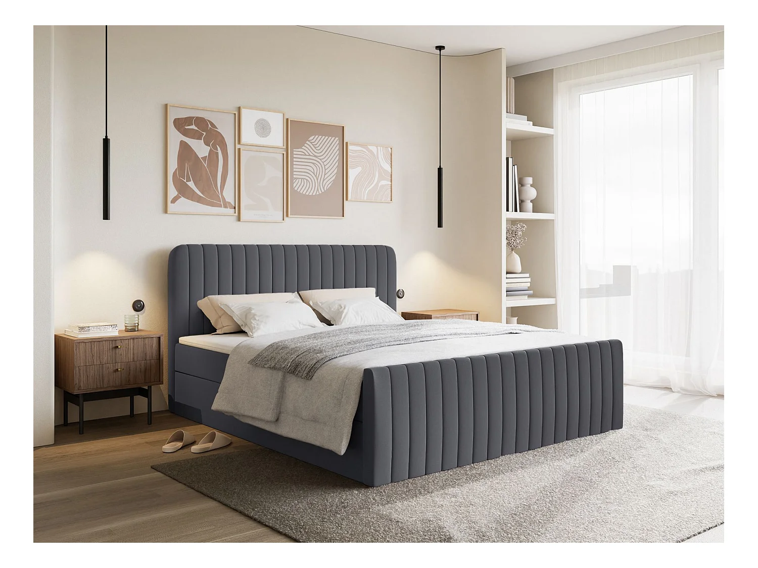 Lit continental avec surmatelas - 140x200 cm - chenille graphite - SALIANO