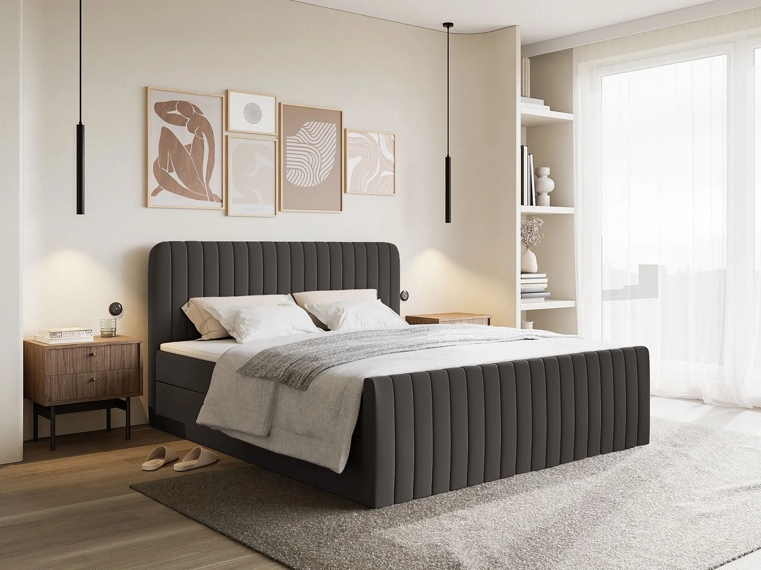 Continentaal bed met matrastopper - 160x200 cm - grafiet chenille - SALIANO
