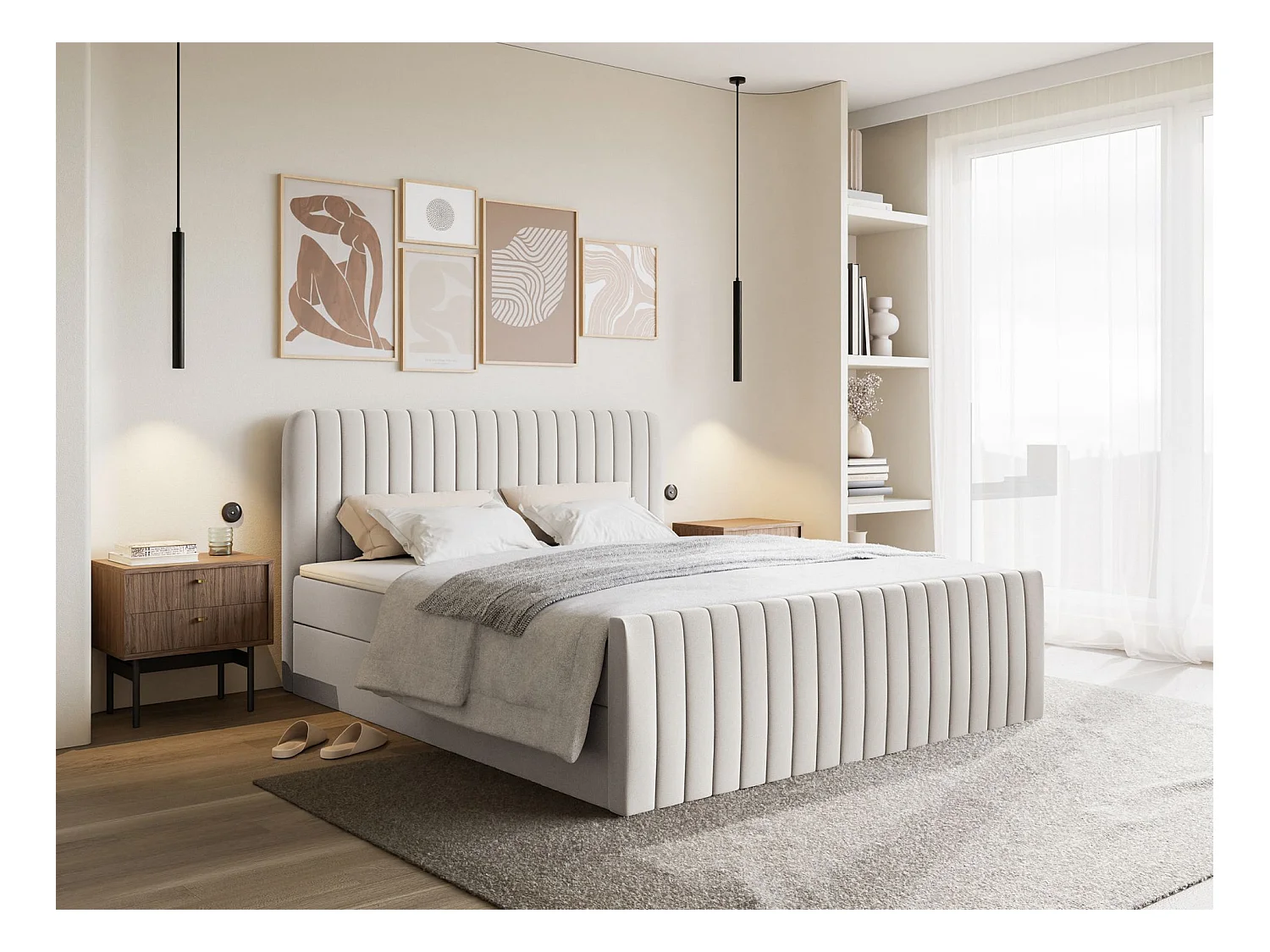 Continentaal bed met matrastopper - 180x200 cm - lichtbeige chenille - SALIANO