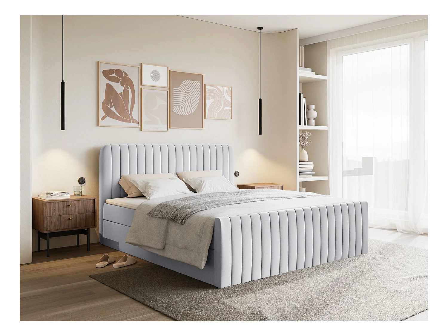 Lit continental avec surmatelas - 160x200 cm - chenille gris clair - SALIANO