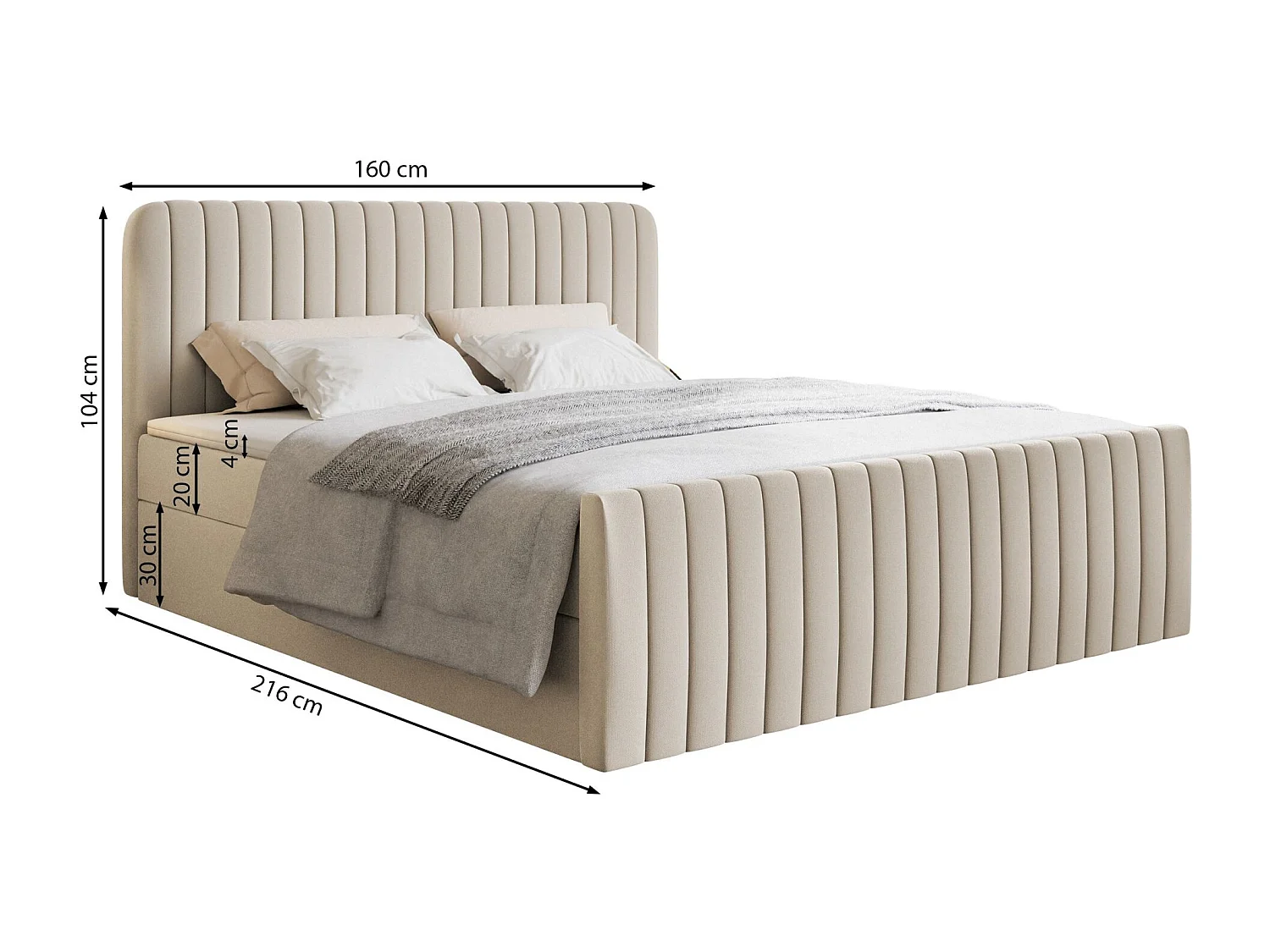 Lit continental avec surmatelas - 160x200 cm - chenille gris clair - SALIANO