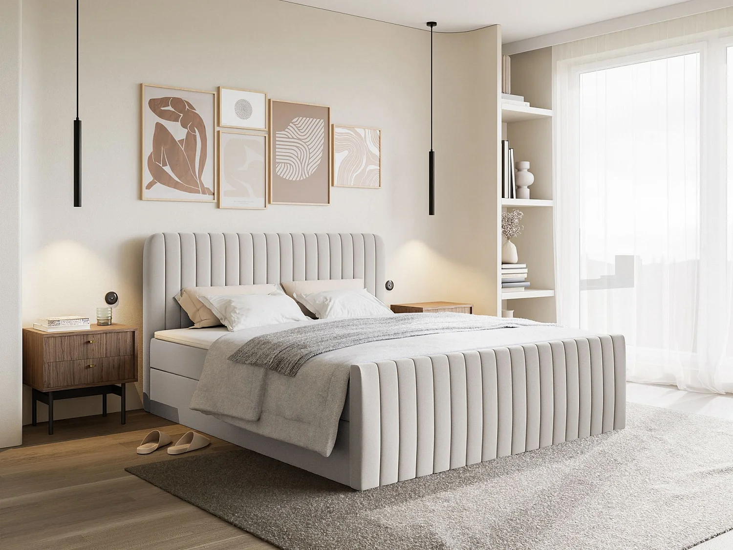 Lit continental avec surmatelas - 160x200 cm - chenille gris clair - SALIANO