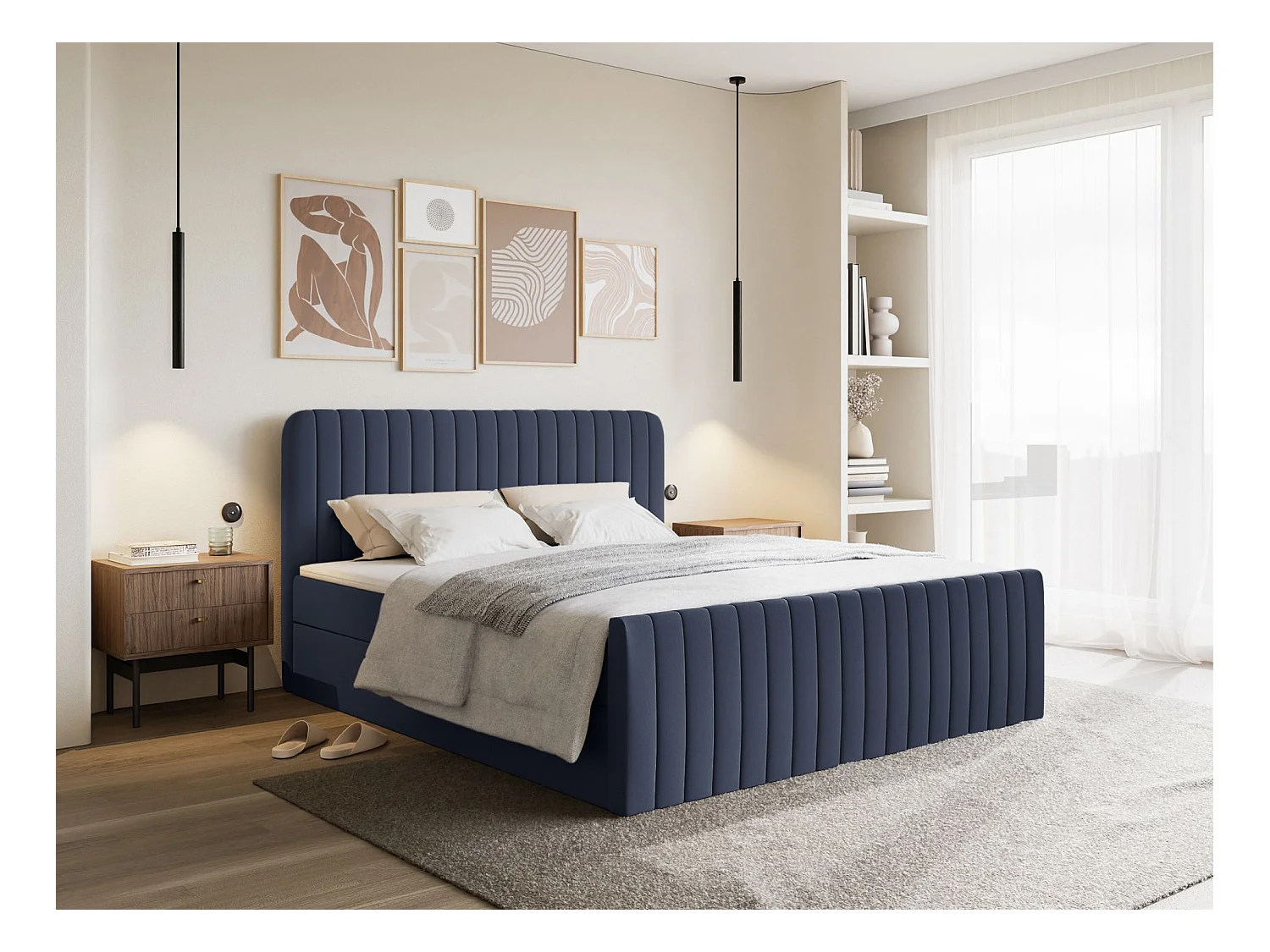 Lit continental avec surmatelas - 180x200 cm - chenille marine - SALIANO