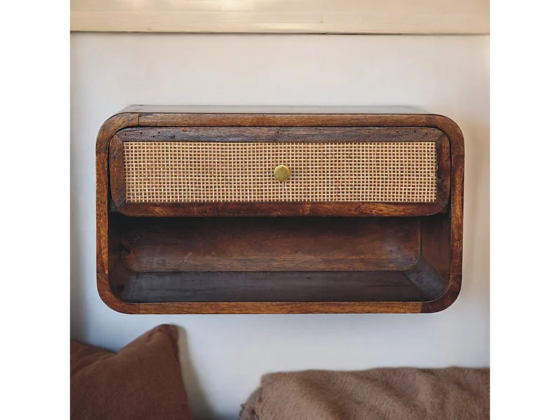 Artisan Furniture Mesita de noche montada en pared abierta tejida de madera maciza color castaño