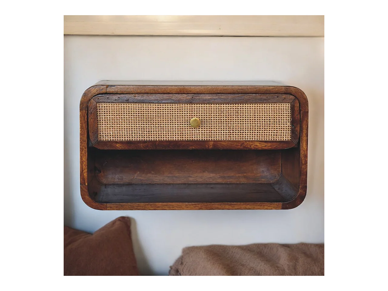 Artisan Furniture Wandmontierter offener geflochtener Nachttisch aus massivem Kastanienholz