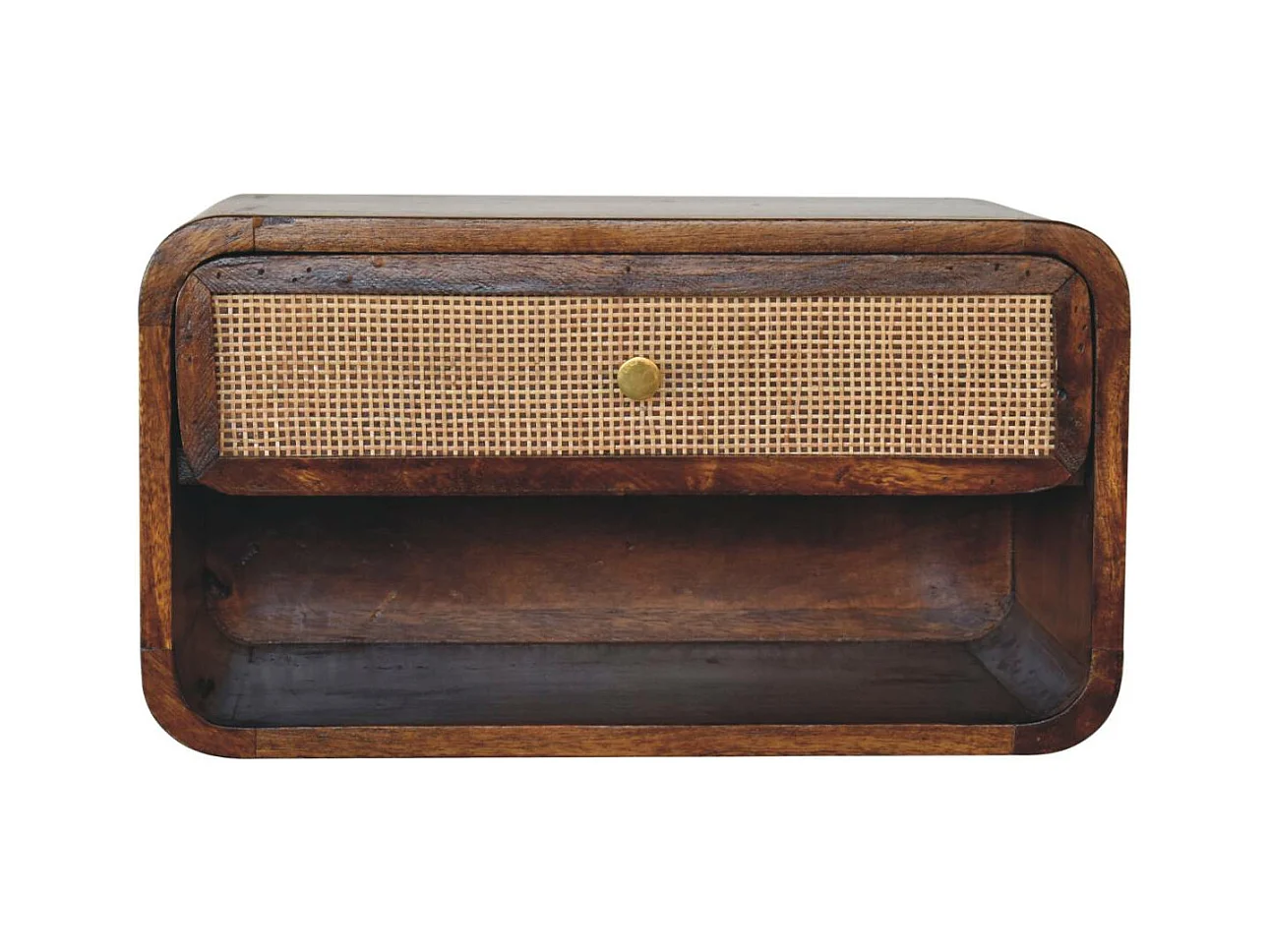 Artisan Furniture Wandmontierter offener geflochtener Nachttisch aus massivem Kastanienholz