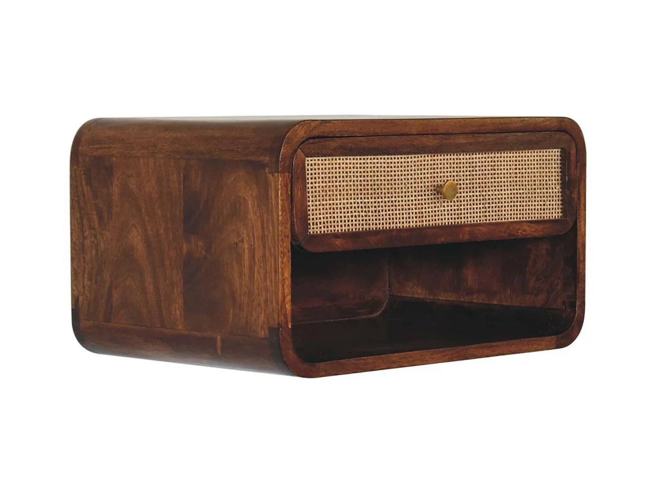 Artisan Furniture Wandmontierter offener geflochtener Nachttisch aus massivem Kastanienholz