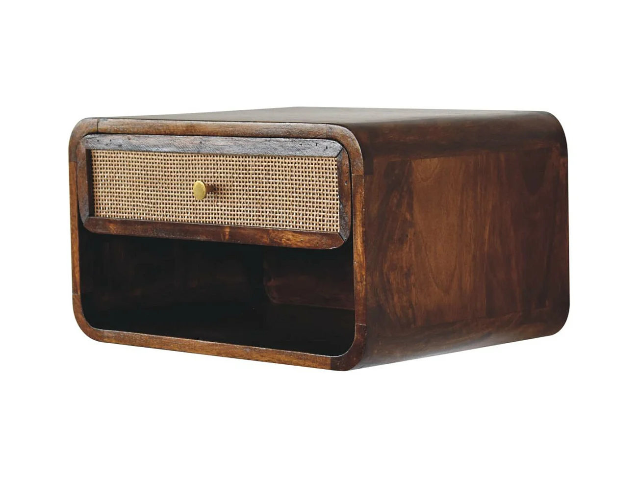 Artisan Furniture Wandmontierter offener geflochtener Nachttisch aus massivem Kastanienholz