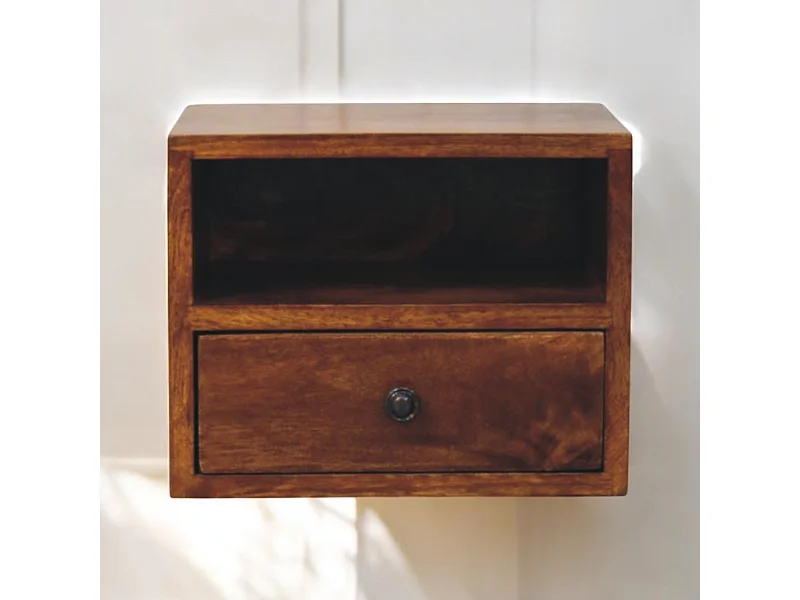 Artisan Furniture Comodino Solis a parete con 1 cassetto in legno massello color castagno