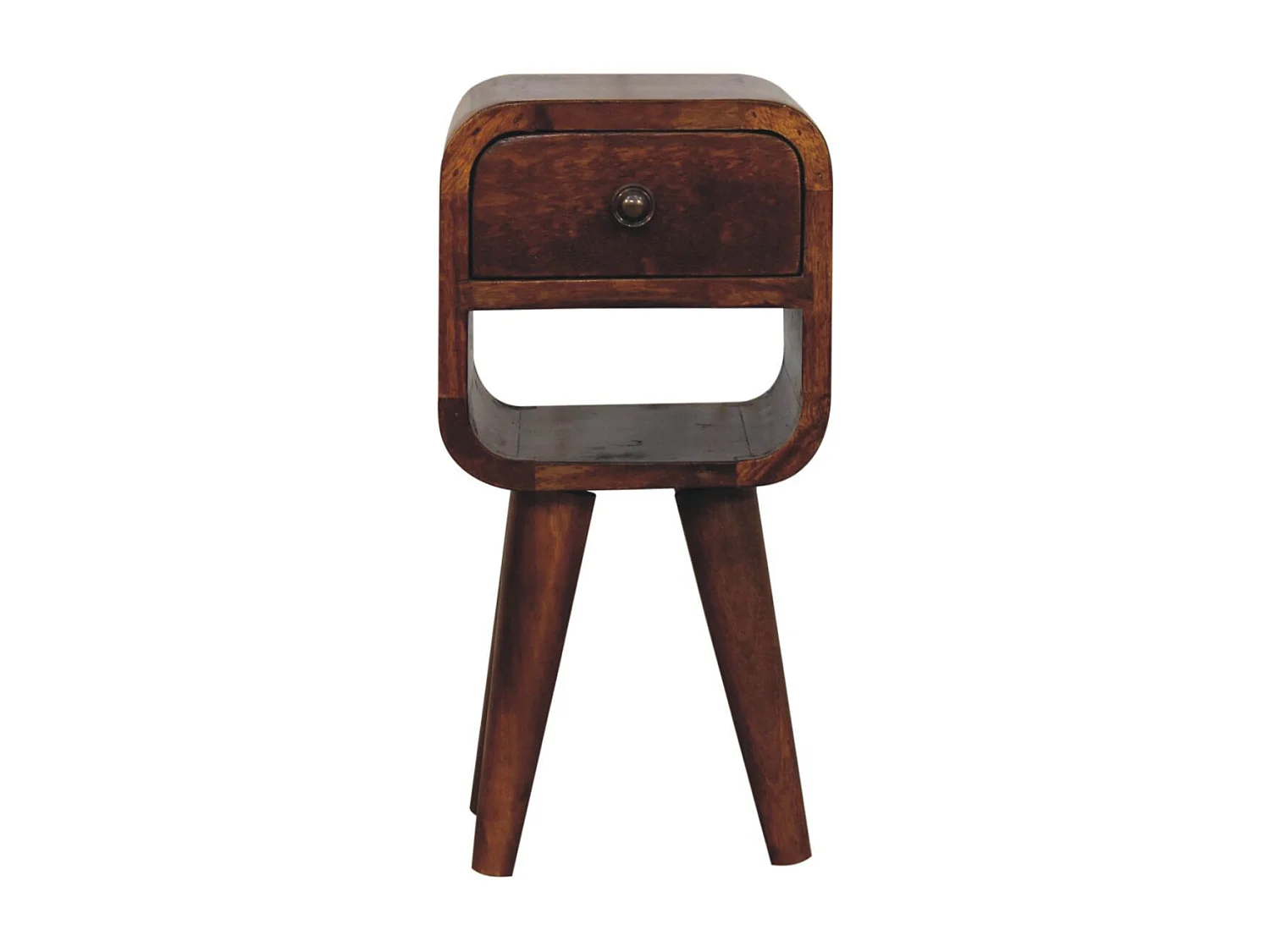 Table de chevet Extra Mini Curve basse en châtaignier Artisan Furniture, 1 tiroir, 1 étagère, brun foncé