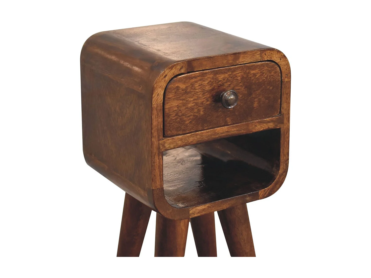 Table de chevet Extra Mini Curve basse en châtaignier Artisan Furniture, 1 tiroir, 1 étagère, brun foncé