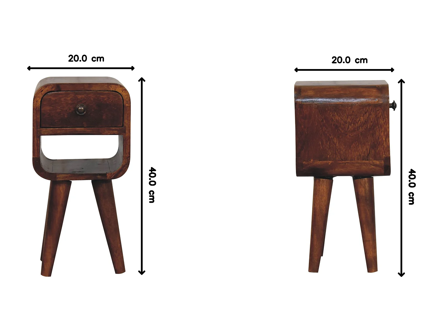 Table de chevet Extra Mini Curve basse en châtaignier Artisan Furniture, 1 tiroir, 1 étagère, brun foncé